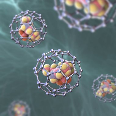 Fullerene nanopartikülleri ilaç molekülü, kavramsal 3 boyutlu resimleme içerir. Fulleren karbon nanopartikülleri, nanomoleküler karbon kafesleri uyuşturucu ve görüntüleme araçlarını organlara ulaştırmak için kullanılır.