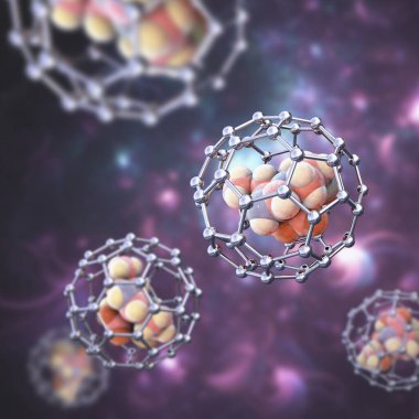 Fullerene nanoparticles containing drug molecule, conceptual 3D illustration. Fullerene are carbon nanoparticles, nanomolecular carbon cages used to deliver drugs and imaging agents to organs clipart
