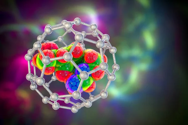 Fullerene nanoparticles containing drug molecule, conceptual 3D illustration. Fullerene are carbon nanoparticles, nanomolecular carbon cages used to deliver drugs and imaging agents to organs