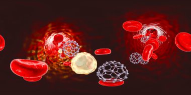 Fullerene nanoparticles in blood, conceptual 3D illustration, 360 degree VR panorama. Fullerene are carbon nanoparticles, nanomolecular carbon cages used to deliver drugs and imaging agents to organs