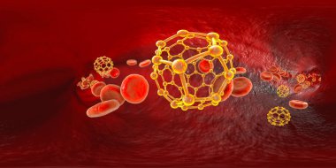 Fullerene nanoparticles in blood, conceptual 3D illustration, 360 degree VR panorama. Fullerene are carbon nanoparticles, nanomolecular carbon cages used to deliver drugs and imaging agents to organs