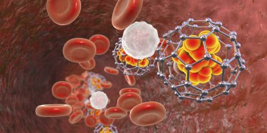 Kandaki Fullerene nanopartikülleri, kavramsal 3 boyutlu illüstrasyon. Fulleren karbon nanopartikülleri, nanomoleküler karbon kafesleri uyuşturucu ve görüntüleme araçlarını organlara ulaştırmak için kullanılır.
