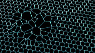 Graphene disorders, conceptual 3D illustration. Graphene is an allotrope of carbon arranged in a single-layer honeycomb lattice atomic nanostructure. The images shows abnormality in graphene structure