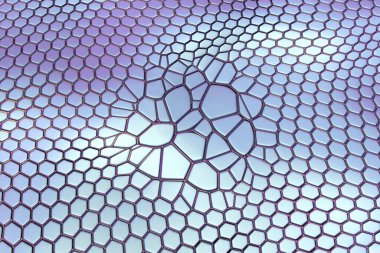 Graphene disorders, conceptual 3D illustration. Graphene is an allotrope of carbon arranged in a single-layer honeycomb lattice atomic nanostructure. The images shows abnormality in graphene structure