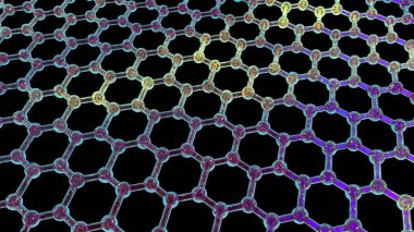 Graphene sheet, 3D illustration. Graphene is an allotrope of carbon that consists of a single layer of atoms arranged in a single-layer honeycomb lattice nanostructure