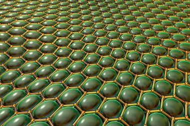 Graphene sheet, 3D illustration. Graphene is an allotrope of carbon that consists of a single layer of atoms arranged in a single-layer honeycomb lattice nanostructure