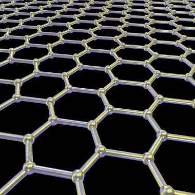 Graphene sheet, 3D illustration. Graphene is an allotrope of carbon that consists of a single layer of atoms arranged in a single-layer honeycomb lattice nanostructure
