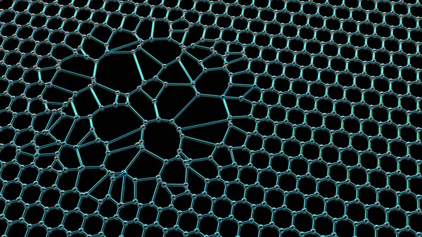 Graphene disorders, conceptual 3D illustration. Graphene is an allotrope of carbon arranged in a single-layer honeycomb lattice atomic nanostructure. The images shows abnormality in graphene structure