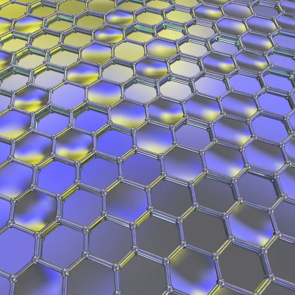 Graphene sheet, 3D illustration. Graphene is an allotrope of carbon that consists of a single layer of atoms arranged in a single-layer honeycomb lattice nanostructure