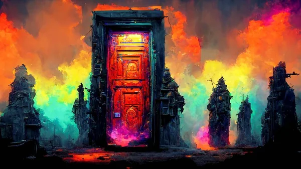 Fantastic multicolored doors with multiple details in mystic style. Doors to the future and to the past time. Digital art. Abstract illustration. Picture render by neural network.