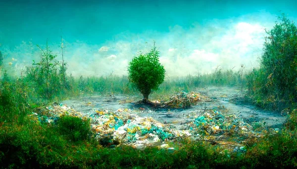 Landscape with ecological disaster. Polluted earth. Contaminated land with lots of trash. Ecology problem conceptual illustration. Picture render by neural networks