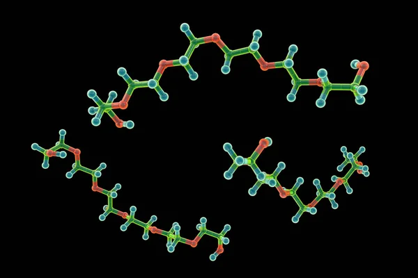 聚乙二醇 Peg 六乙二醇分子 3D插图 一种在医学上应用广泛的聚醚化合物 包括生产抗Covid 19的脂质纳米疫苗 — 图库照片