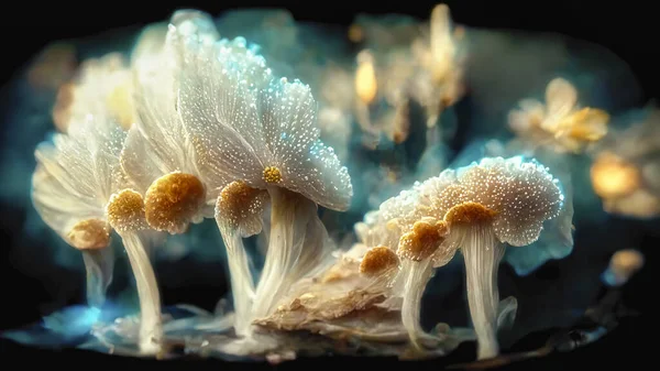 Microscopic fungi mycelium, illustration in 3D style. Beautiful world of fungi. Microscopic moulds. Scientific background