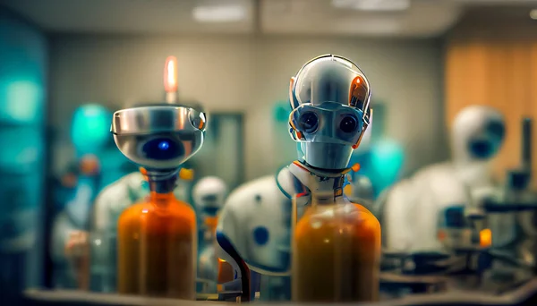 Humanoid robots working in a medical laboratory, conceptual illustration in 3D style. Futuristic bacteriology laboratory. Concept of artificial intelligence for medicine and laboratory industry