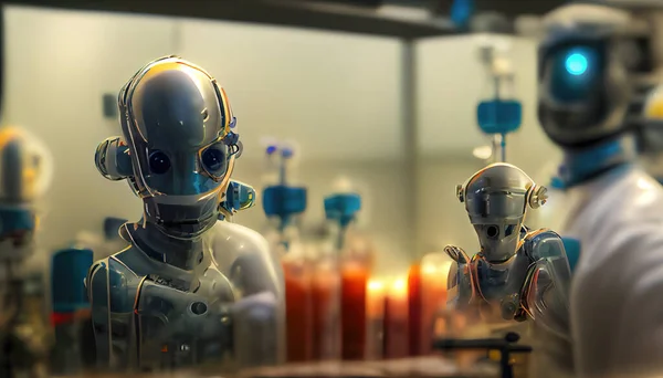 Humanoid robots working in a medical laboratory, conceptual illustration in 3D style. Futuristic bacteriology laboratory. Concept of artificial intelligence for medicine and laboratory industry