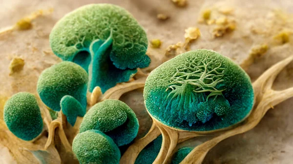 Microscopic fungi mycelium, illustration in 3D style. Mucor mold, black fungus. Microscopic molds. Scientific background
