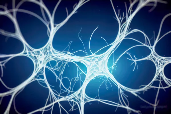 Neurons, brain cells on blue background, neural network, illustration in 3D style