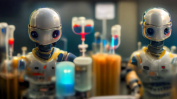 Humanoid robots working in a medical laboratory, conceptual illustration in 3D style. Futuristic bacteriology laboratory. Concept of artificial intelligence for medicine and laboratory industry