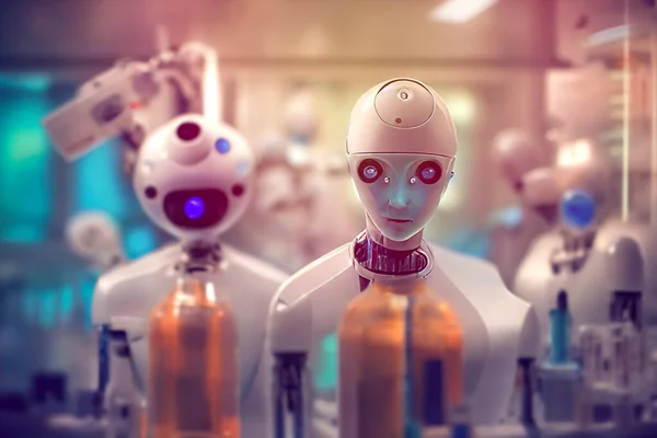 Humanoid robots working in a medical laboratory, conceptual illustration in 3D style. Futuristic bacteriology laboratory. Concept of artificial intelligence for medicine and laboratory industry