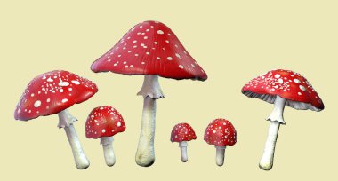 Kırmızı başlıklı ve beyaz noktalı tarımsal mantar, Amanita muscaria mantarı, 3 boyutlu illüstrasyon
