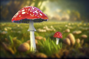 Kırmızı başlıklı ve beyaz noktalı tarımsal mantar, Amanita muscaria mantarı, 3 boyutlu illüstrasyon