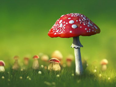 Kırmızı başlıklı ve beyaz noktalı tarımsal mantar, Amanita muscaria mantarı, 3 boyutlu illüstrasyon