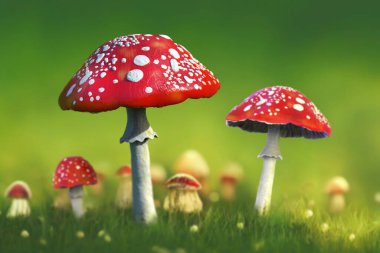 Kırmızı başlıklı ve beyaz noktalı tarımsal mantar, Amanita muscaria mantarı, 3 boyutlu illüstrasyon