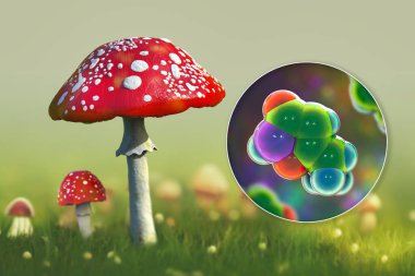 Sinek mantarı (Amanita muscaria) ve Amanita muscaria 'nın başlıca psikoaktif bileşeni olan üç boyutlu illüstrasyon olan muscimol toksini molekülü.