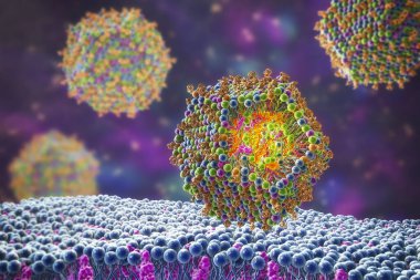 Lipid nanopartikül siRNA antiviralleri insan hücresine giriyor. Bir çeşit nanopartikül taşıma sistemi, Covid-19 'a karşı antiviral ilaç, 3 boyutlu illüstrasyon