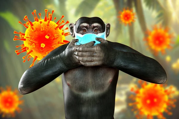 ウイルス 概念的な3Dイラストを背景に手で顔を閉じる医療用マスクの猿 天然痘の意識 — ストック写真