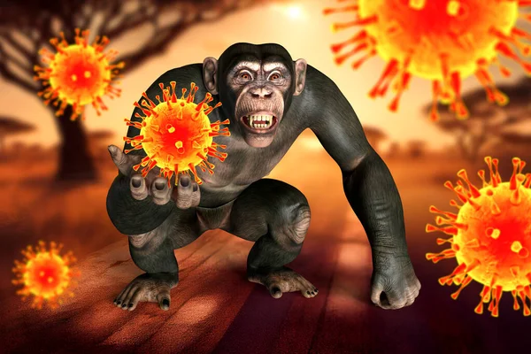 Majom Kezében Egy Vírus Fogalmi Illusztráció Patogén Vírusok Átvitele Majmokról — Stock Fotó