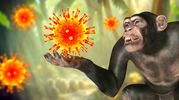 원숭이가 바이러스를 있습니다 개념적 일러스트죠 병원성 바이러스가 원숭이에서 사람으로 것입니다 — 스톡 사진