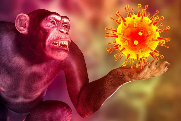 Majom Kezében Egy Vírus Fogalmi Illusztráció Patogén Vírusok Átvitele Majmokról — Stock Fotó
