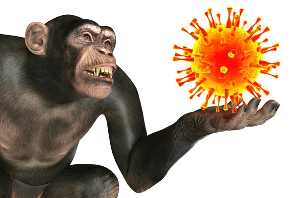 Mono Sosteniendo Virus Ilustración Conceptual Transmisión Virus Patógenos Monos Humanos — Foto de Stock