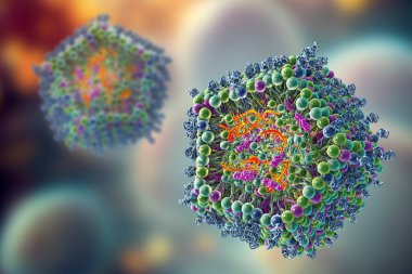 Lipid nanopartikül mRNA aşısı, Covid-19 ve gribe karşı kullanılan bir aşı türü. Virüsün mRNA 'sını taşıyan bir lipid nanopartikülünün kesitini gösteren 3D illüstrasyon (turuncu).