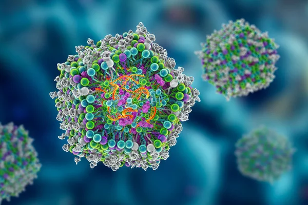 Lipid nanoparticle mRNA vaccine, a type of vaccine used against Covid-19 and influenza. 3D illustration showing cross-section of a lipid nanoparticle carrying mRNA of the virus (orange).