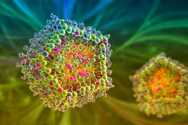 Lipid nanopartikül mRNA aşısı, Covid-19 ve gribe karşı kullanılan bir aşı türü. Virüsün mRNA 'sını taşıyan bir lipid nanopartikülünün kesitini gösteren 3D illüstrasyon (turuncu).