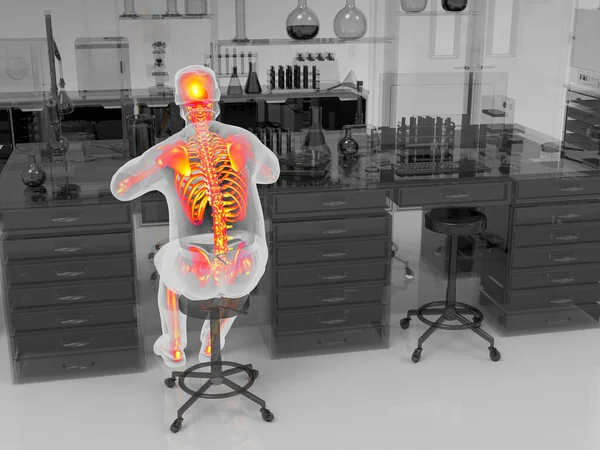 研究室の労働者における作業関連の筋骨格疾患 顕微鏡で作業を強調骨格を持つ研究室の専門家を示す概念的な3Dイラスト — ストック写真