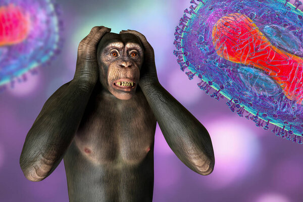 Monkeypox awareness. Monkey in upset position holding his head surrounded by monkeypox viruses, conceptual 3D illustration.
