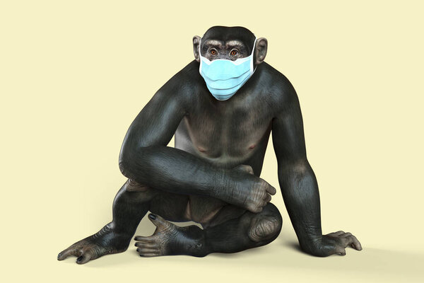 Monkey in a medical mask, conceptual 3D illustration. Monkeypox awareness.