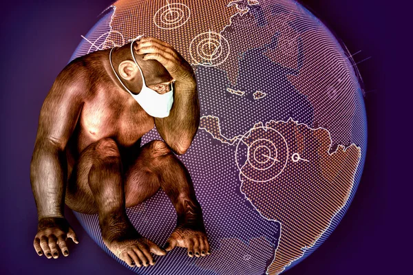 Consciência Varíola Macaco Uma Máscara Médica Sentado Posição Virada Fundo — Fotografia de Stock