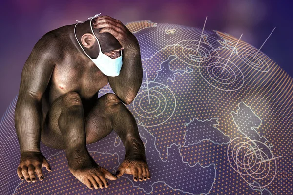 天然痘の意識 地球地図 概念的な3Dイラストを背景に動揺した位置に座っている医療用マスクの猿 — ストック写真