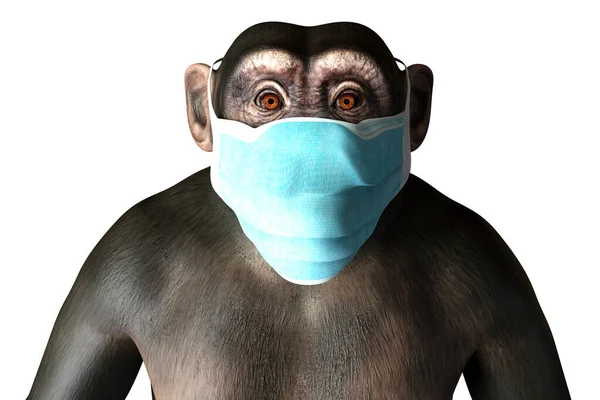 マスク 概念的な3Dイラストで動揺猿 天然痘の意識 動物の概念から感染したウイルスの流行や疫病 — ストック写真