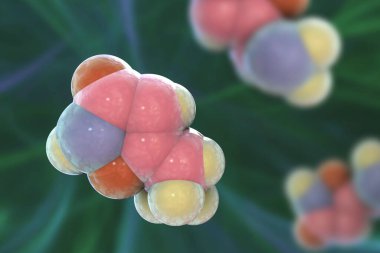 Muscimol molekülü, 3 boyutlu illüstrasyon. Amanita muscaria (Fly agaric) mantarının başlıca psikoaktif bileşeni halüsinojenik, yatıştırıcı-hipnotik ve depresif aktiviteye sahiptir.