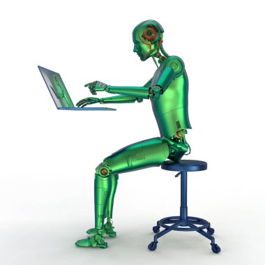 Dizüstü bilgisayarla çalışan insansı bir robot, kavramsal 3D çizim. Yapay zeka, sinirsel ağ, yazılım geliştirmenin geleceği, endüstri, ekonomi ve tıp konsepti