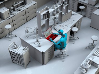 Bir laboratuarda dizüstü bilgisayarla çalışan insansı bir robot, kavramsal üç boyutlu bir illüstrasyon. Yapay zeka, bilimin otomasyonu, araştırma ve klinik tanı konsepti
