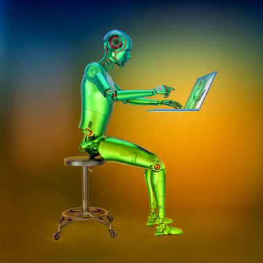 Dizüstü bilgisayarla çalışan insansı bir robot, kavramsal 3D çizim. Yapay zeka, sinirsel ağ, yazılım geliştirmenin geleceği, endüstri, ekonomi ve tıp konsepti