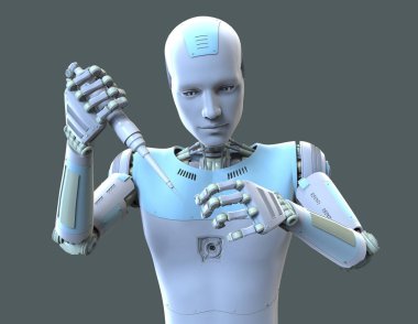 Laboratuvarda pipet ve tüple çalışan insansı bir robot, kavramsal 3 boyutlu çizim. Yapay zeka, bilimin otomasyonu, araştırma ve klinik tanı konsepti