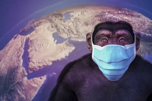 Macaco Perturbado Uma Máscara Fundo Com Mapa Terra Ilustração Conceitual — Fotografia de Stock