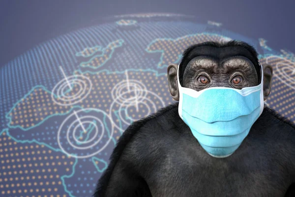 Verärgerter Affe Einer Maske Auf Einem Hintergrund Mit Erdkarte Konzeptionelle — Stockfoto